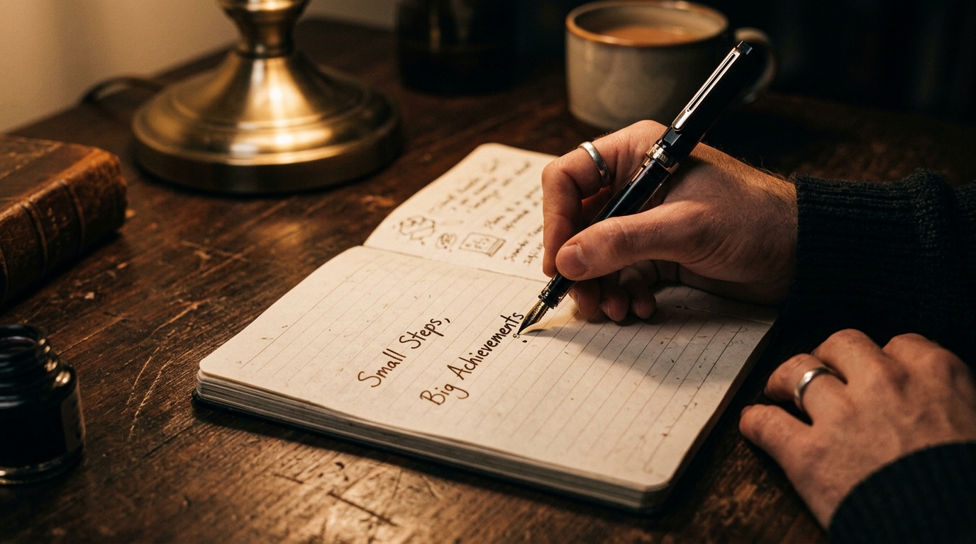 Student writing Small Steps, Big Achievements in notebook
